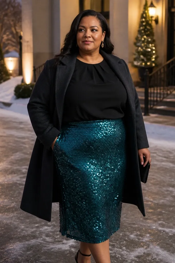 Teal sequin skirt with a black long-sleeve crepe blouse and tailored wool coat