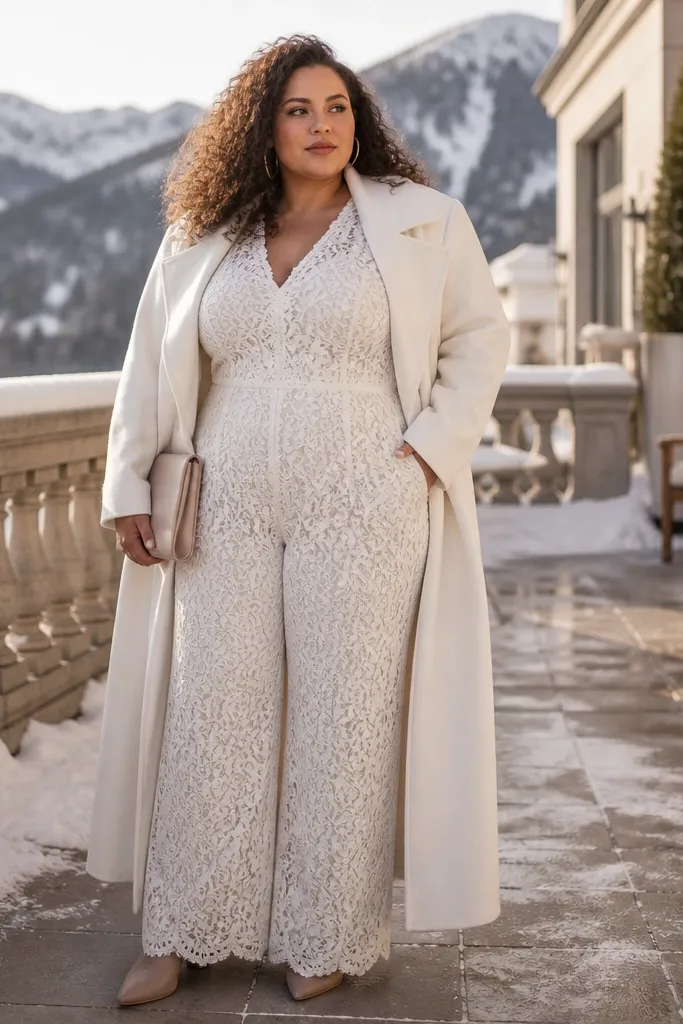 Ivory lace wide-leg jumpsuit with a longline coat and nude heels