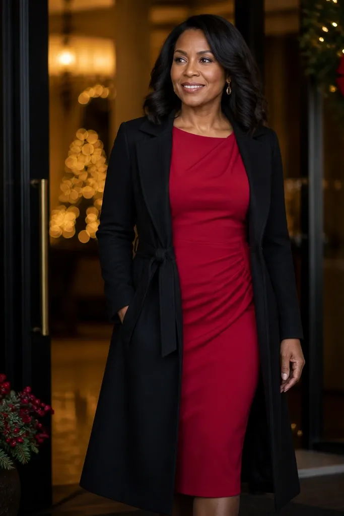 Red crepe midi dress with side ruching and a black belted winter coat