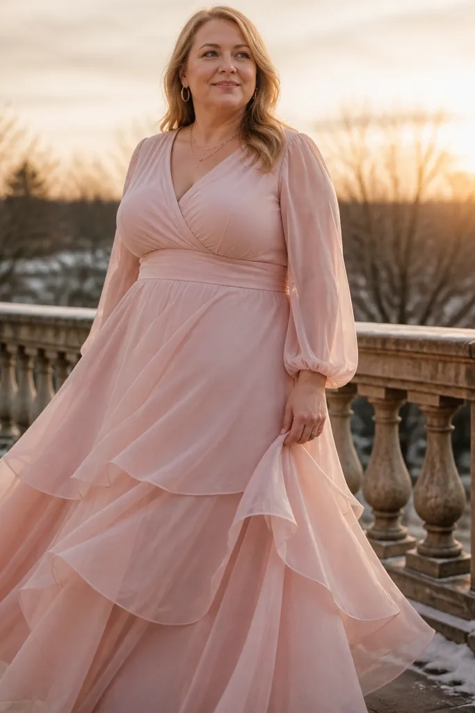 Blush chiffon maxi dress with a layered skirt and gold accessories