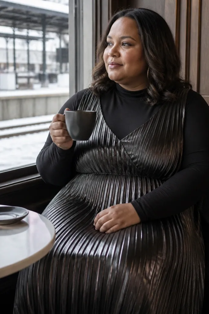 Black and silver pleated midi skirt with a long sleeve bodysuit and black boots