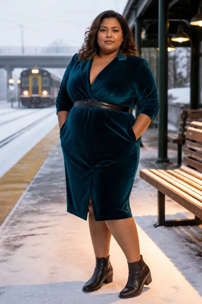 Teal velvet blazer dress with a belt and heeled booties