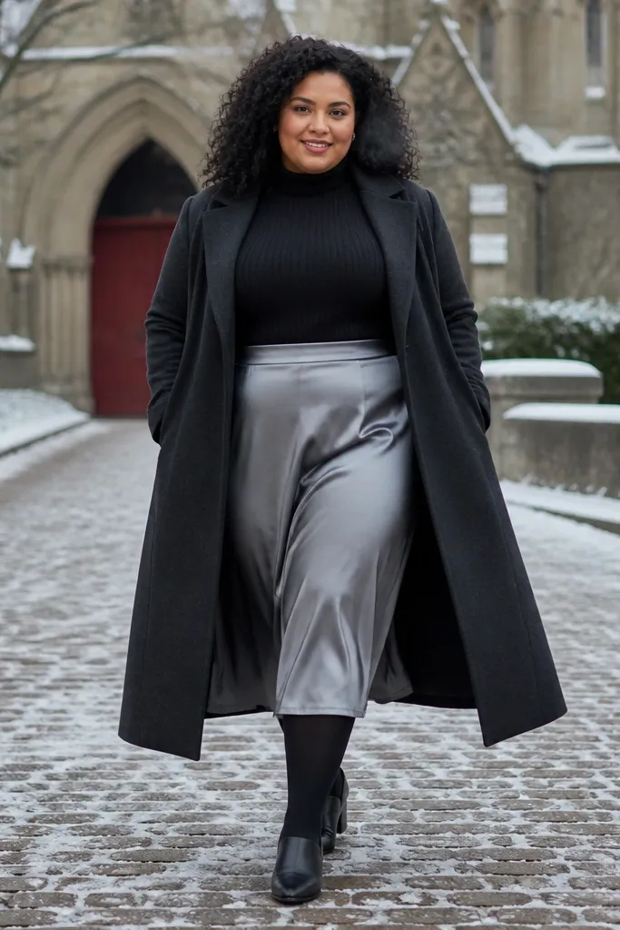 Silver gray metallic skirt with a black turtleneck midi top and black boots
