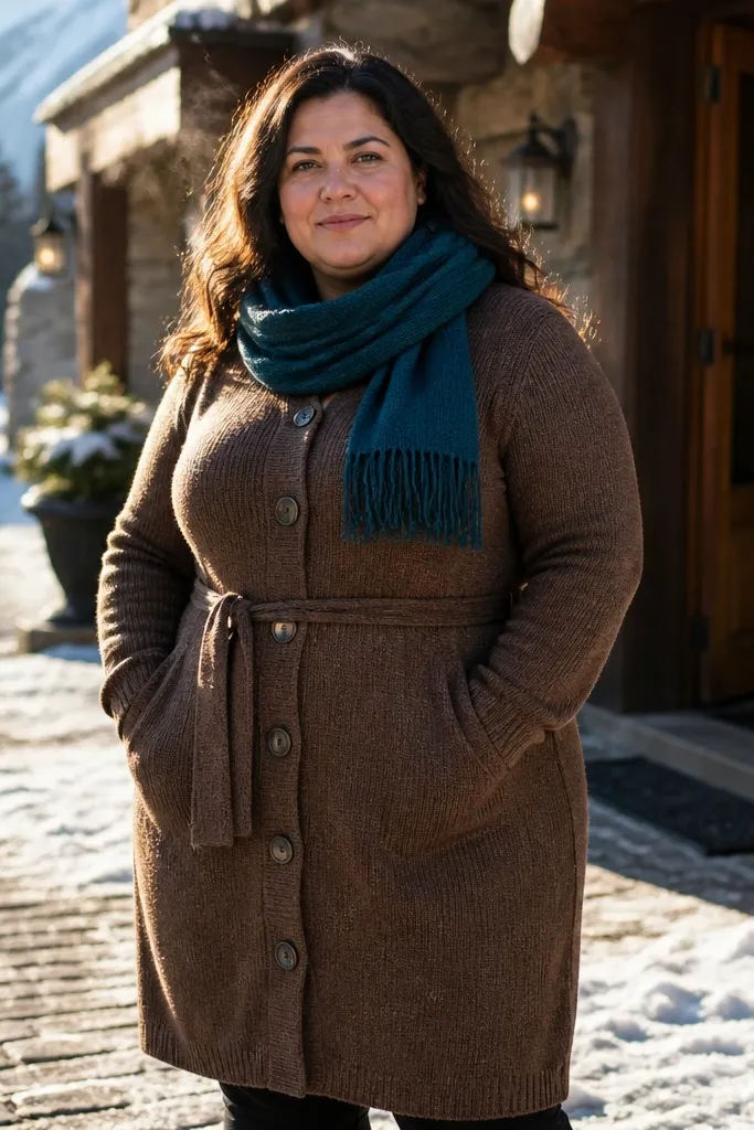 Mocha brown button-front sweater dress with a statement scarf and brown ankle boots