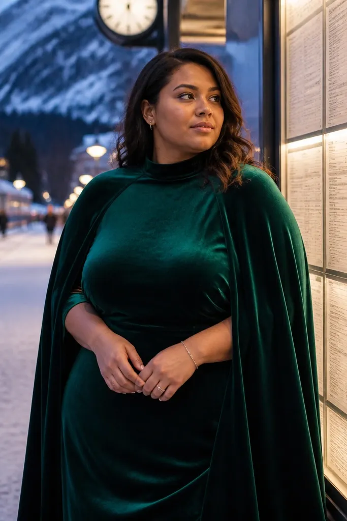 Emerald green high-neck cape dress with velvet texture and black heels