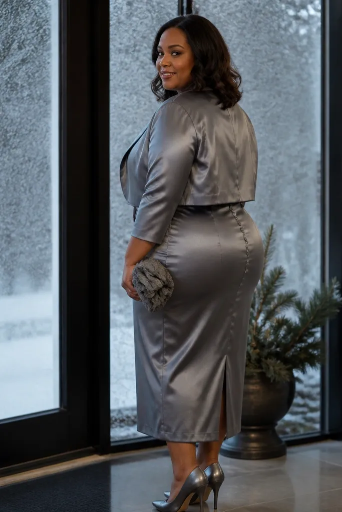 Pewter gray satin midi dress with a buttoned back and cropped jacket