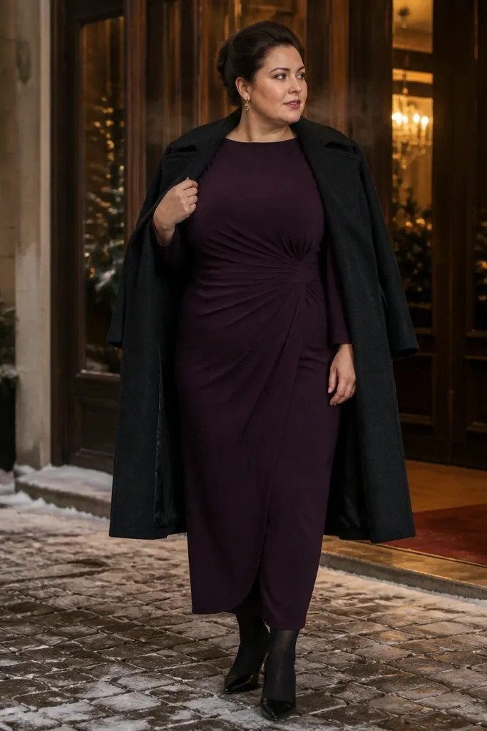 Plum jersey maxi dress with draped waist and thick black tights
