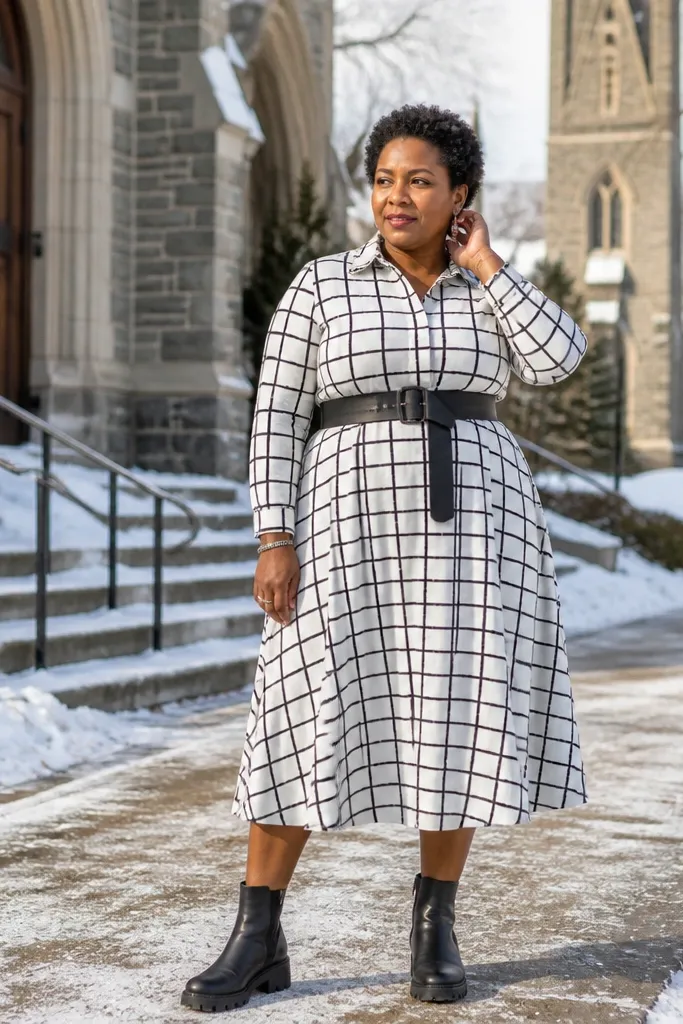 White and black check midi dress with a belt and black boots