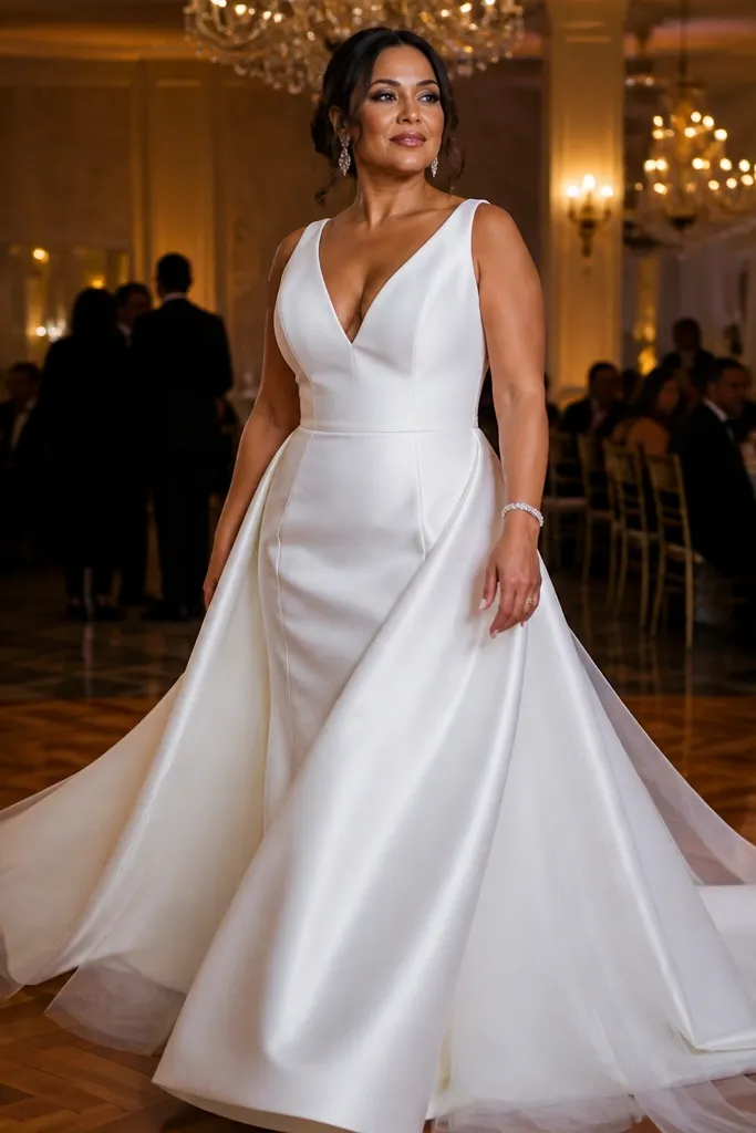 Ivory mikado fit-and-flare dress with structured waist and flared skirt