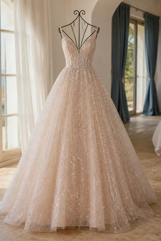 Ivory sequined tulle princess gown with sparkling layered skirt