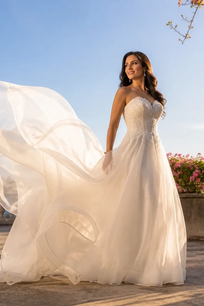 Ivory organza ballgown with floating translucent layers and full skirt