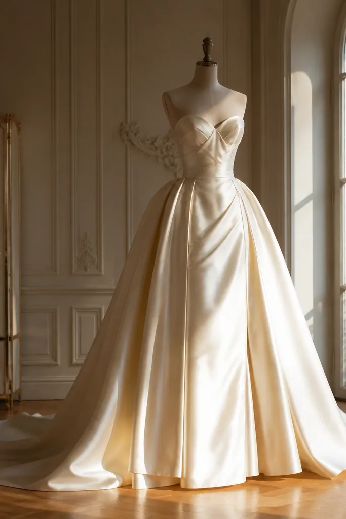 Ivory satin gown with sweetheart neckline and tapered princess skirt