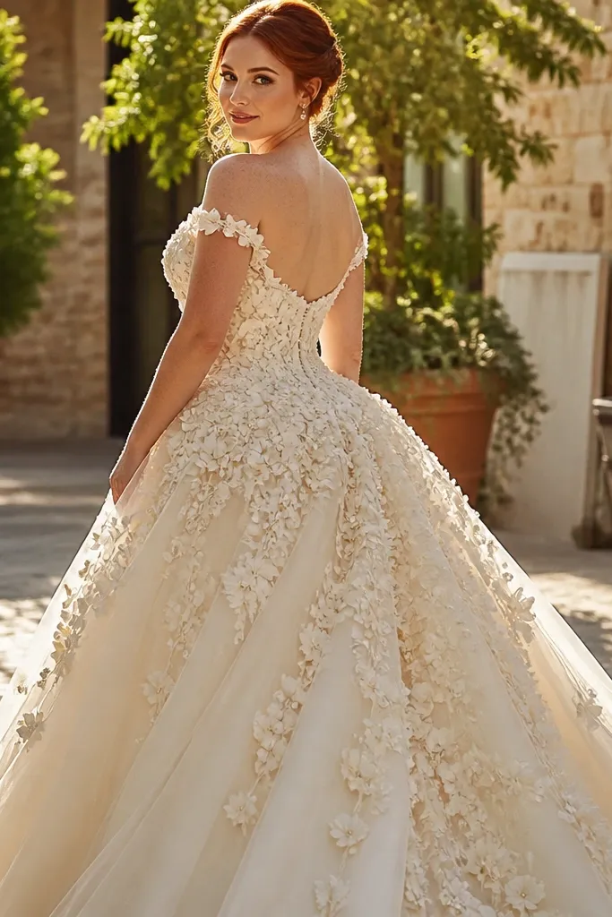 Ivory ballgown with 3D floral appliqué on layered tulle skirt