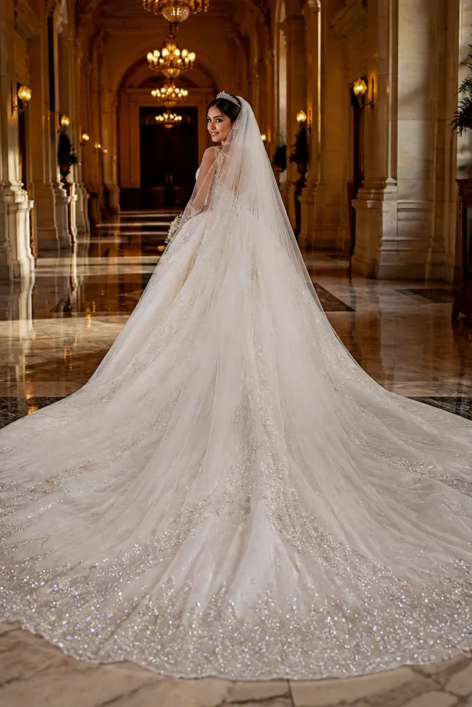 Ivory princess gown with cathedral train and subtle glitter at the hem