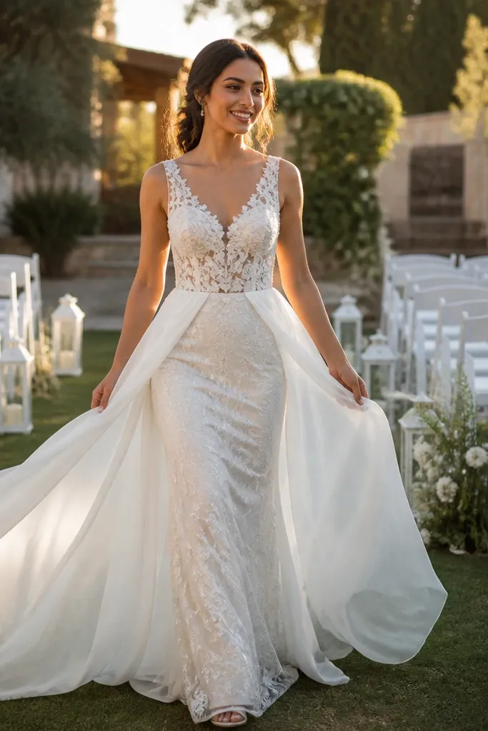 Ivory gown with floral lace bodice and chiffon overskirt over a skirt