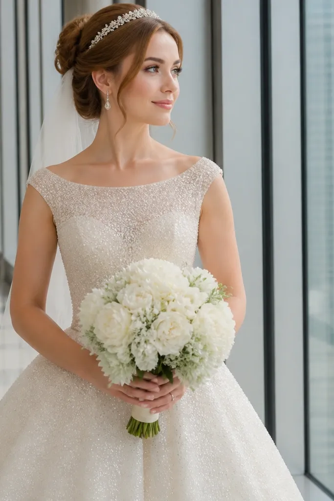 Ivory gown with Sabrina neckline and sparkly tulle skirt layers