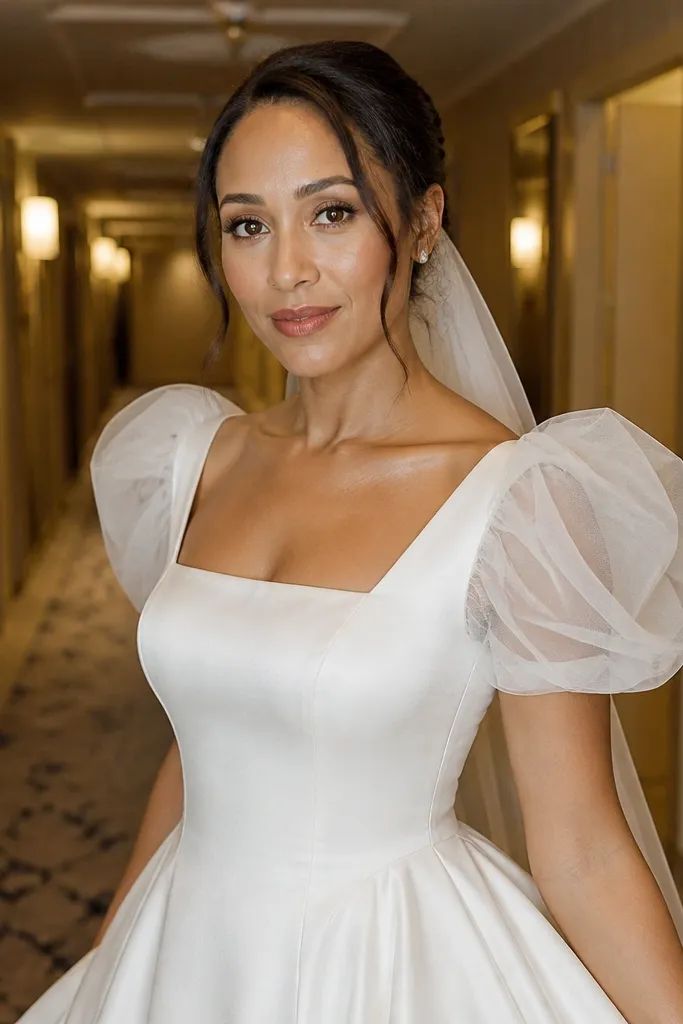 Ivory ballgown with satin bodice and tulle puff sleeves