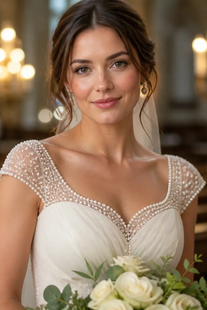 Ivory tulle gown with pearl-trim cap sleeves and layered skirt