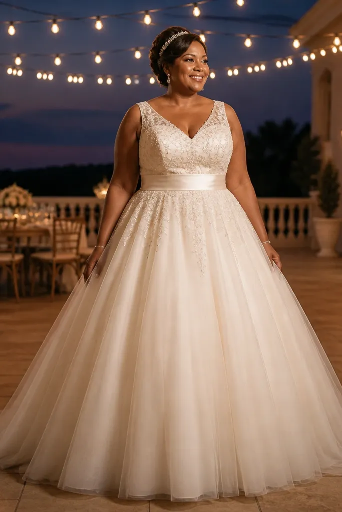 Ivory ballgown with satin waist sash and voluminous tulle skirt