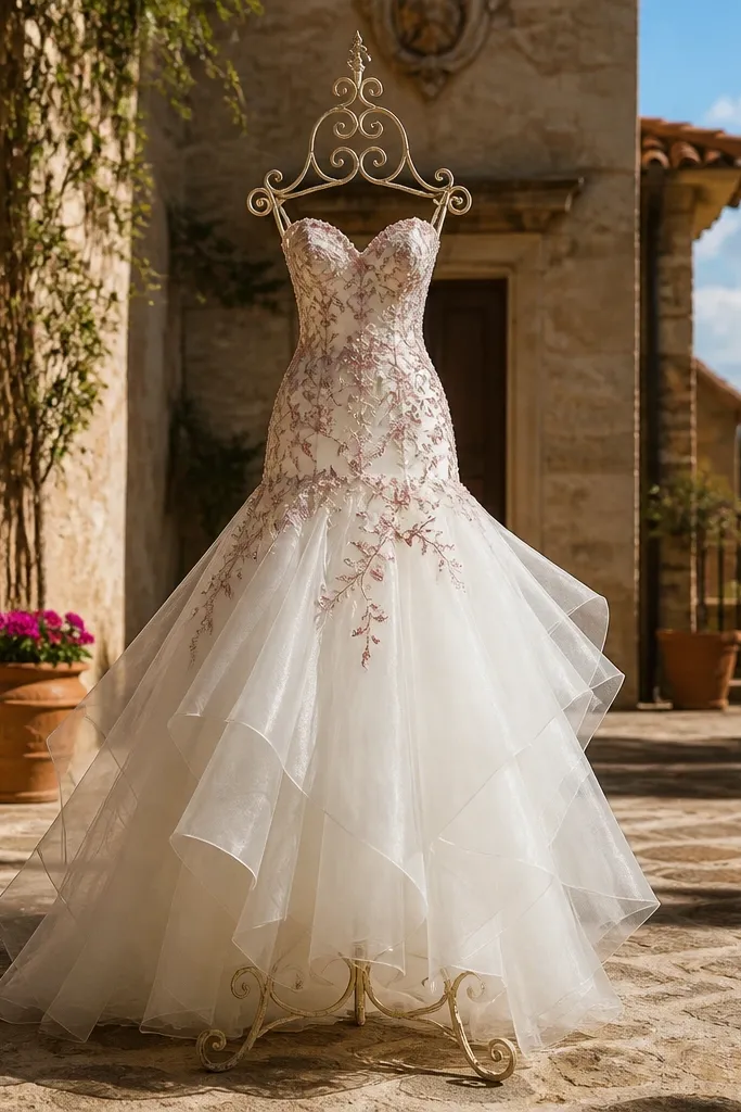 Ivory floral lace bodice with tapered organza skirt and soft train