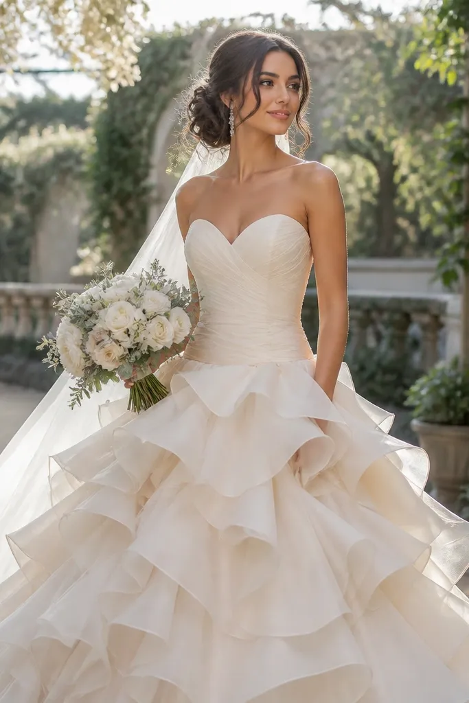 Ivory sweetheart princess gown with waterfall ruffles on the skirt