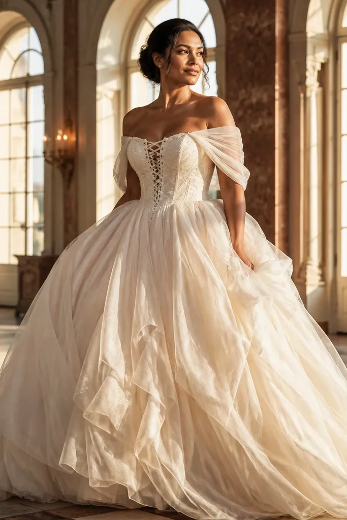 Ivory lace-up corset ballgown with off-shoulder tulle sleeves and full skirt