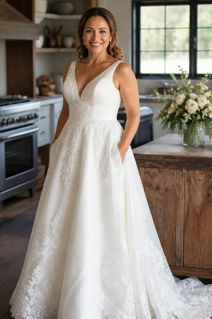 Ivory lace appliqué skirt princess gown with discreet pockets
