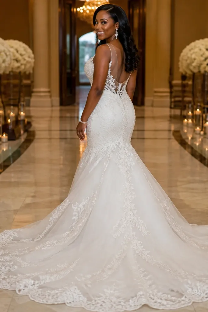 Ivory mermaid gown with scalloped lace detail on the train