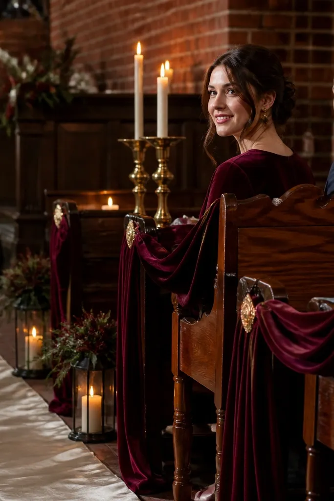 Oxblood velvet bridesmaid dresses with warm ivory bouquets and antique brass candles