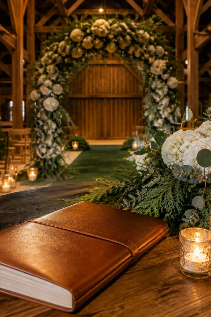 Forest green table linens with cognac leather accents and cream florals