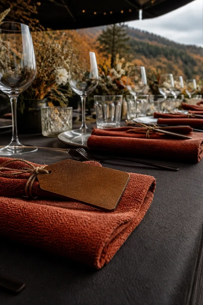Rust bridesmaid dresses with charcoal table runners and caramel leather place cards