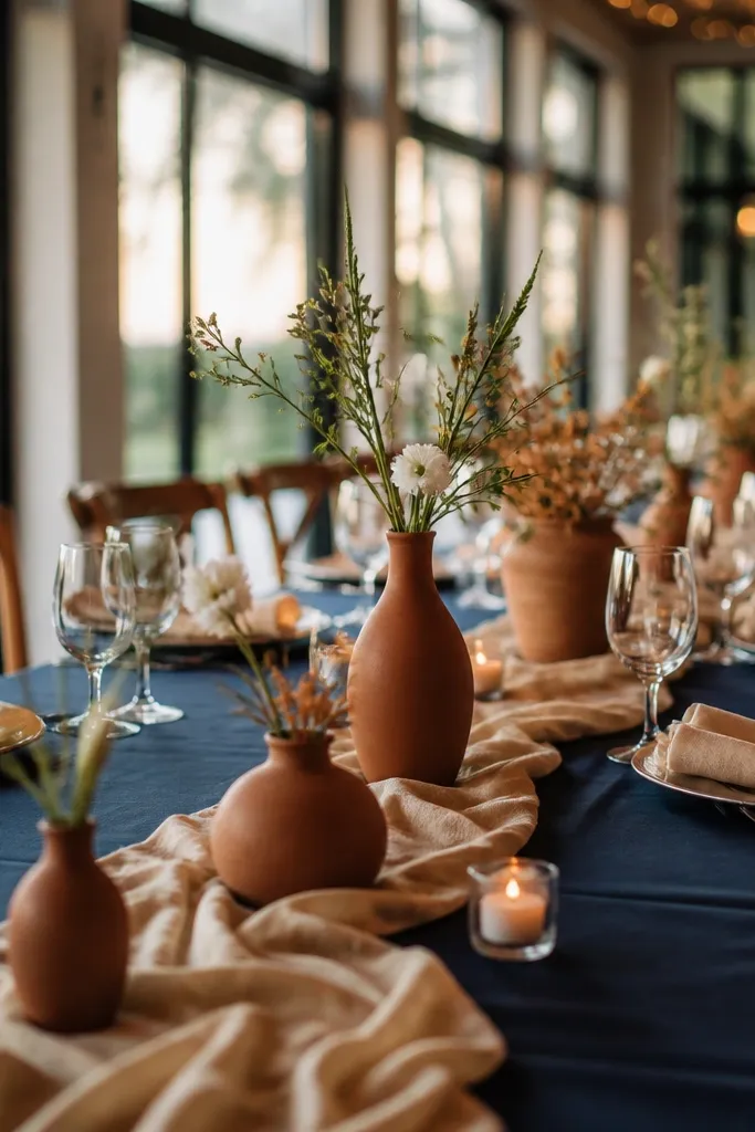 Deep navy suit details with terracotta florals and warm sand table linens