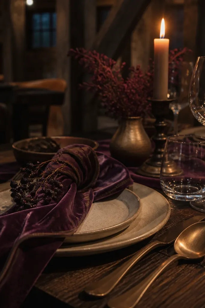 Smoked plum velvet with oatmeal napkins and bronze candle holders