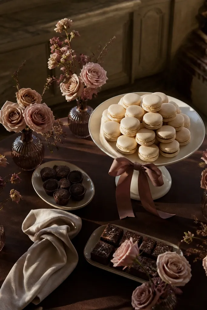 Chocolate brown table decor with blush rosewood flowers and cream candles