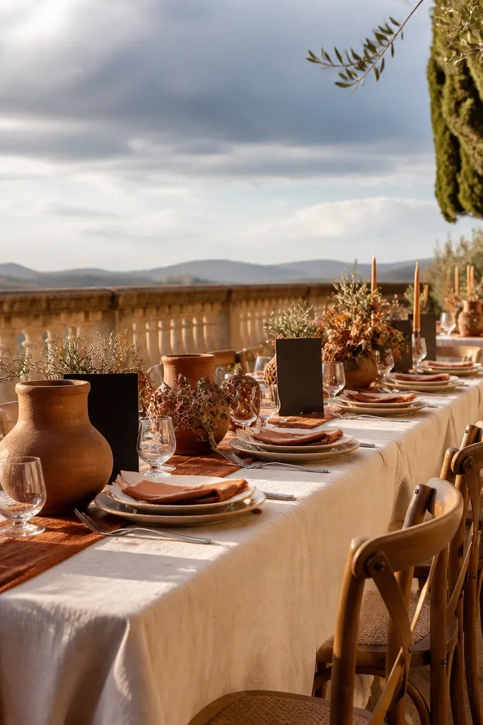 Terracotta clay table runner with black tea candles and warm linen napkins
