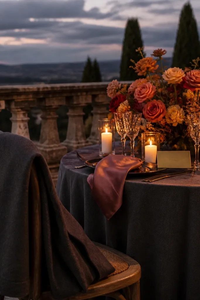 Charcoal table linens with dusty rose bouquets and soft gold candle holders