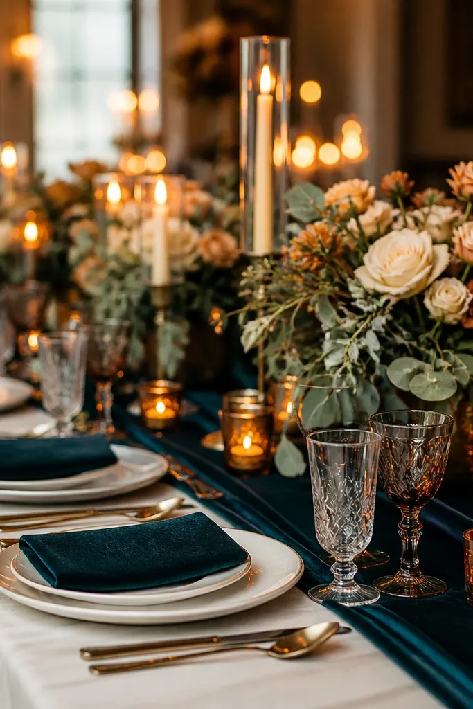 Deep teal bridesmaid dresses with amber candles and warm ivory centerpieces