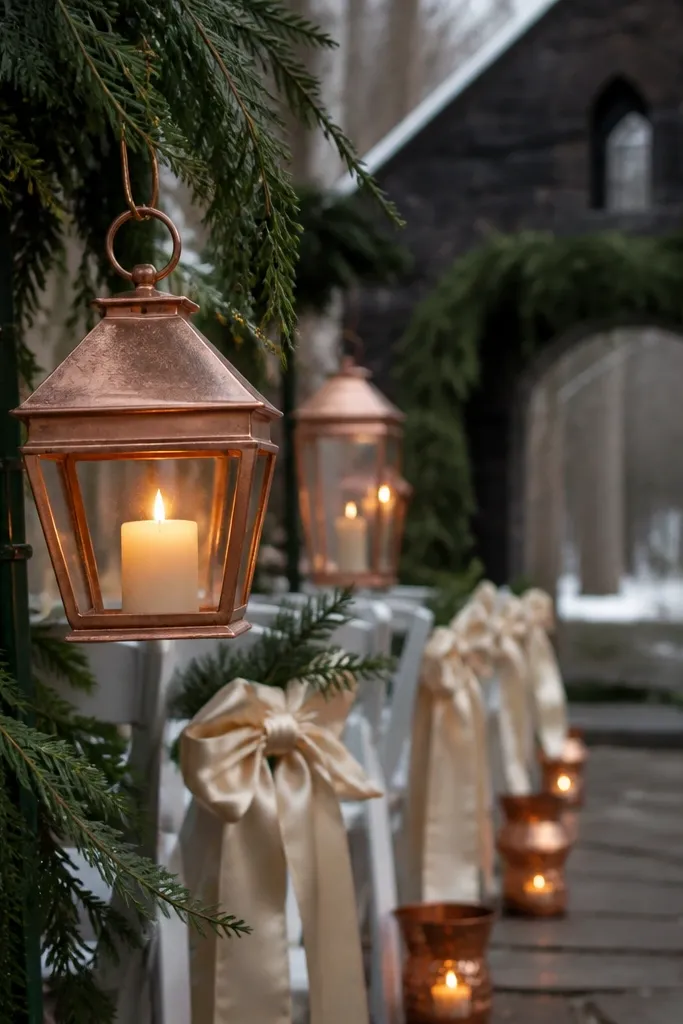 Pine green greenery with copper candle holders and creamy butter napkins