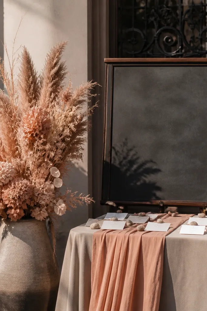 Muted coral flowers with charcoal table runners and warm taupe linens