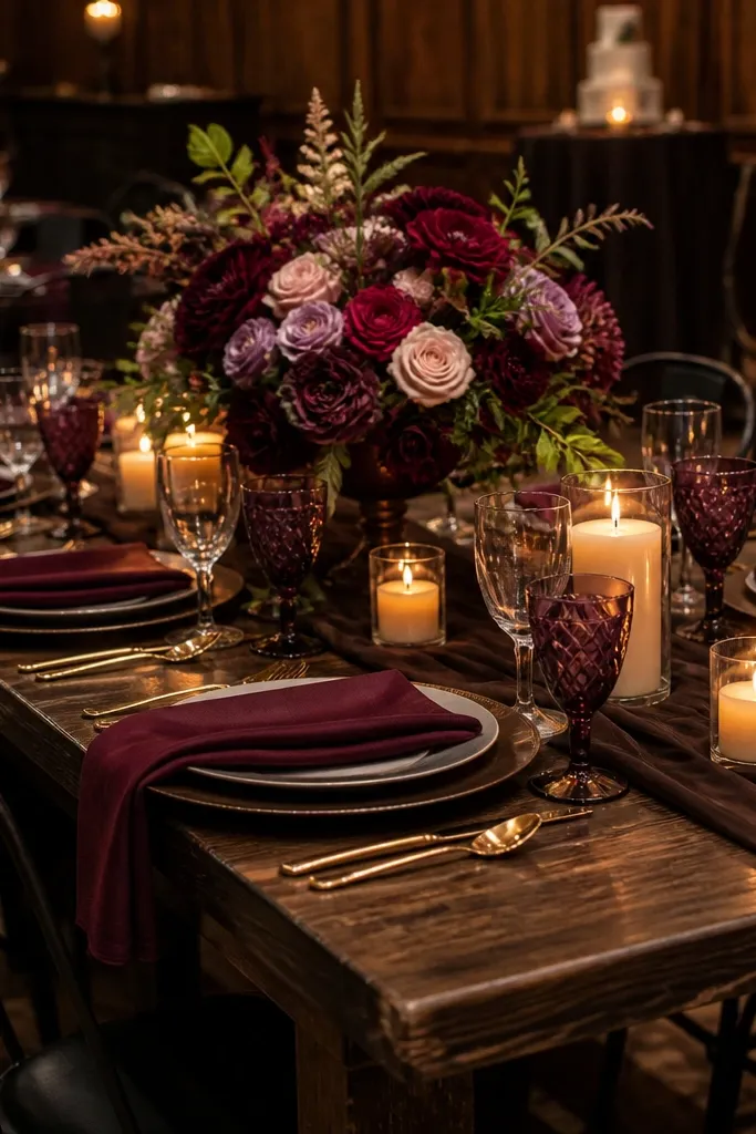 Berry plum table decor with espresso accents and champagne cream candles