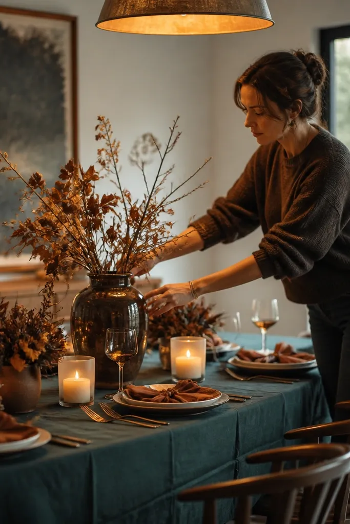 Smoky teal centerpieces with mocha candles and oat milk napkins
