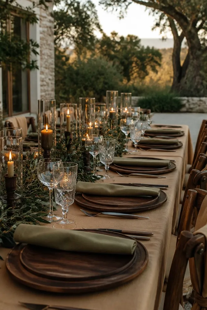 Camel table runners with olive greenery and dark walnut centerpieces