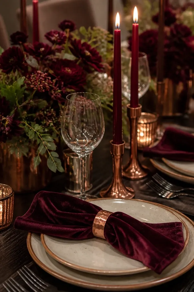 Black cherry velvet decor with oatmeal napkins and warm copper candle holders