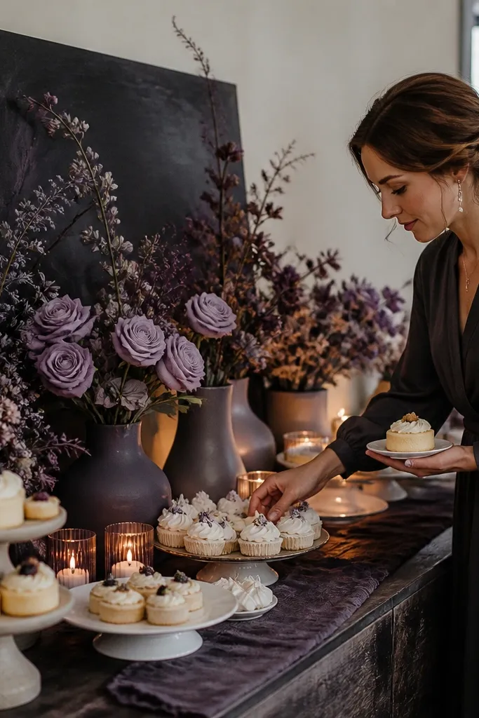 Moody lavender bouquets with charcoal table runners and creamy vanilla candles