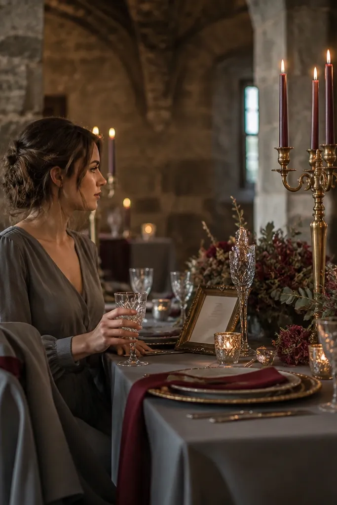 Moody grey table with cranberry velvet florals and oat-gold candle glow