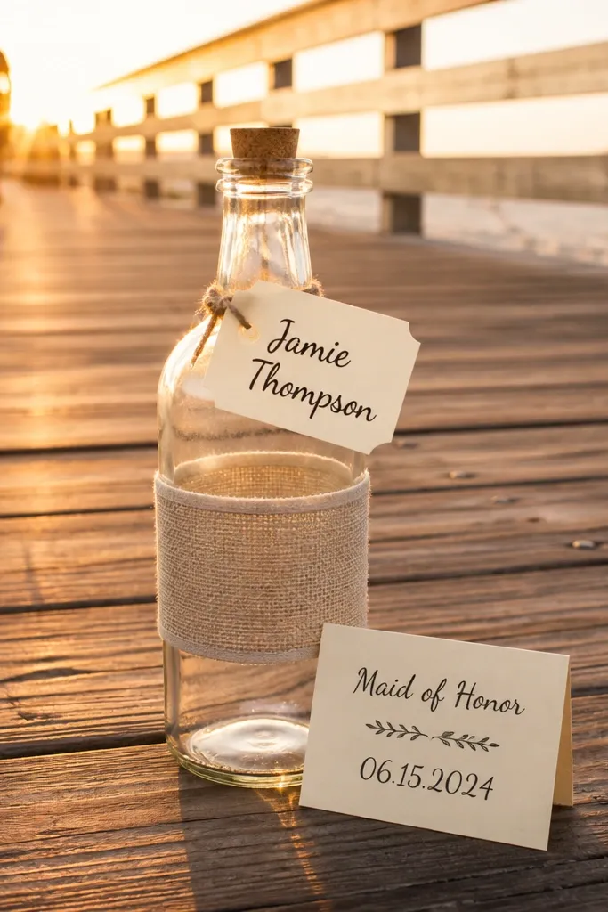 Clear bottle with a label and a card attached on a boardwalk at sunset