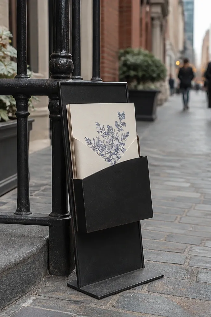 Small vintage-style sign leaning on a sidewalk with a folded note tucked inside