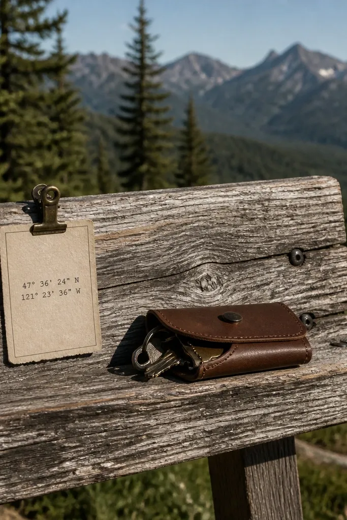 Brown leather key wallet on a trailhead bench with a coordinates card