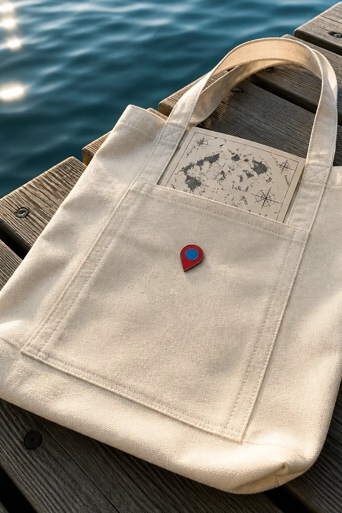 Canvas tote bag on a dock with a small map pin sticker and card