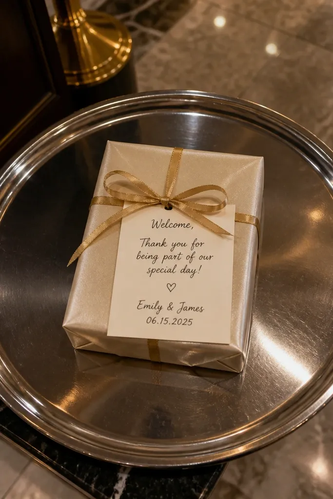 Gift wrapped in champagne paper on a hotel tray with a handwritten note